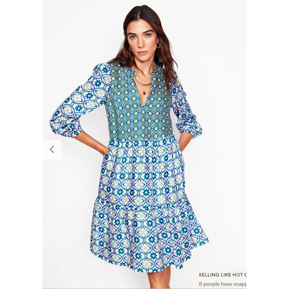 Boden Blue & Green Patterned Midi Dress